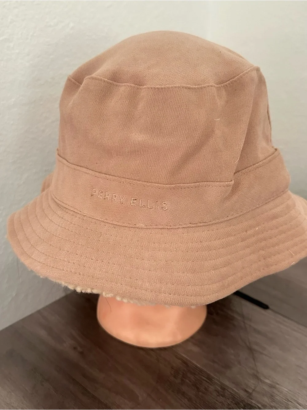 Perry Ellis Frayed-Edge Tan Bucket Hat one size